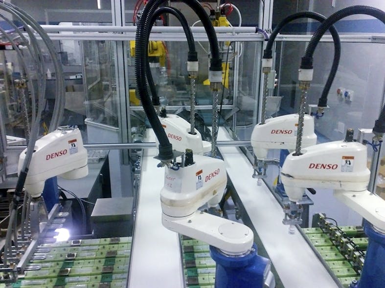 A pharmaceutical packaging line uses vision-guided robots to quickly pick syringes from conveyer belts and place them into packages. Source: Embedded Vision Alliance