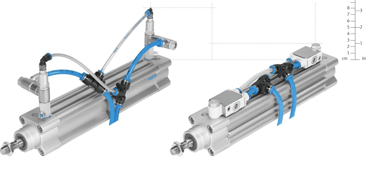 Conventional version of actuator with components added-on versus the VFOF-LE-BAH actuator with the same functionality designed in, creating a 50 percent space savings.
