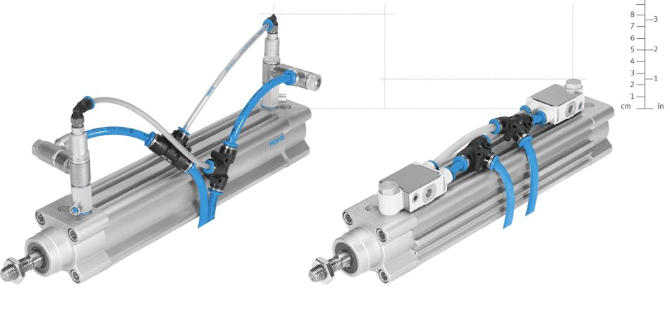 Conventional version of actuator with components added-on versus the VFOF-LE-BAH actuator with the same functionality designed in, creating a 50 percent space savings.