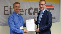 ETG representative Florian Häfele (right) awarded the first official North American conformance certificate to Watlow's Stan Breitlow. ETG representative Florian Häfele (right) awarded the first official North American conformance certificate to Watlow's Stan Breitlow.