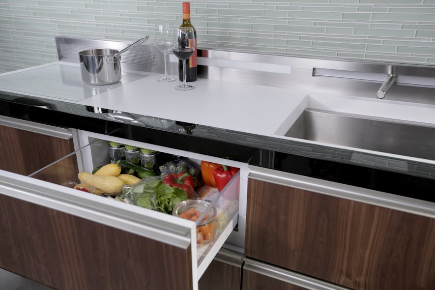This micro-kitchen includes a cook top, Advantium oven, convection oven, counter top, refrigerator, freezer, sink and dishwasher within 6 linear feet.