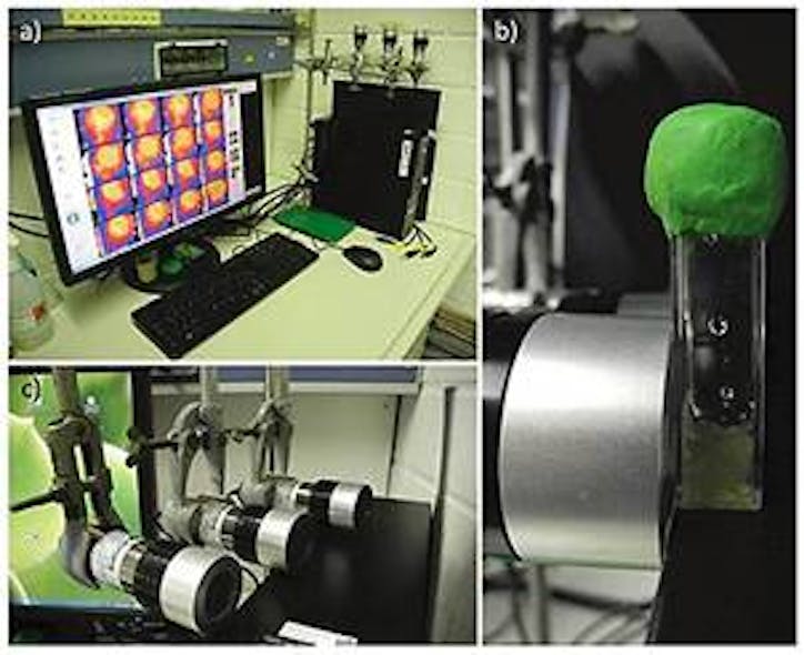 FIGURE 1: Experimental set-up: Monitoring set-up in the lab showing three VisiSens detection units (cameras on the right corner) connected to a PC and software screen (a); test vial containing alginate beads in direct contact with the detector unit for CO2 monitoring (b); monitoring set-up allows detection of three parameters pH, O2 and CO2 (c).