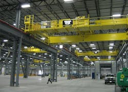 For this metal industry plant, the production goal was seven-minute cycles per crane to move metal coils weighing 1 to 20 tons. For this metal industry plant, the production goal was seven-minute cycles per crane to move metal coils weighing 1 to 20 tons.