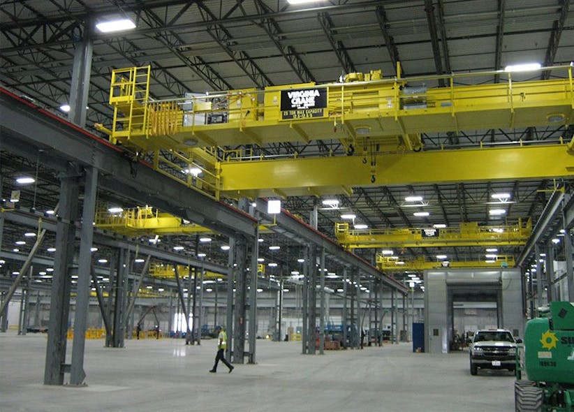 For this metal industry plant, the production goal was seven-minute cycles per crane to move metal coils weighing 1 to 20 tons. Two distance meters per crane communicate wirelessly via a Profinet network to the crane&rsquo;s PLC to control the crane&rsquo;s motion.