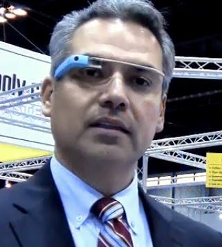 Beckhoff Automation&apos;s Aurelio Banda demonstrating Google Glass at PackExpo 2104.