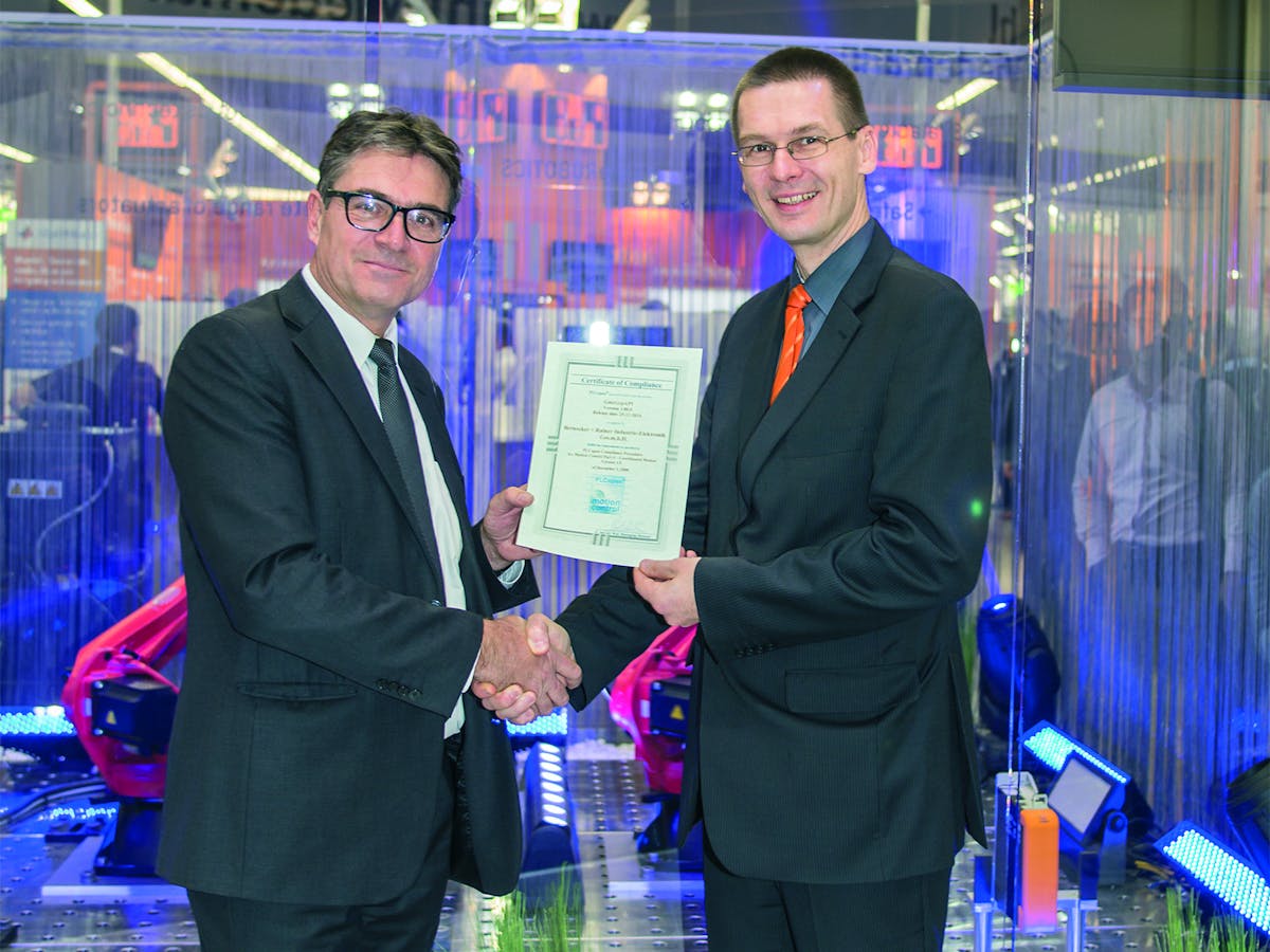 Gernot Bachler (technical manager of Motion at B&amp;R) receives the certificate of compliance from Eelco van der Wal (managing director of the PLCopen Foundation) at the SPS IPC Drives trade fair.Gernot Bachler (technical manager of Motion at B&amp;R) receives the certificate of compliance from Eelco van der Wal (managing director of the PLCopen Foundation) at the SPS IPC Drives trade fair.