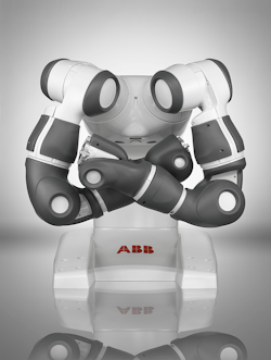 Close, safe interactions with humans are the goal of ABB’s recently introduced YuMi robot. Close, safe interactions with humans are the goal of ABB’s recently introduced YuMi robot.
