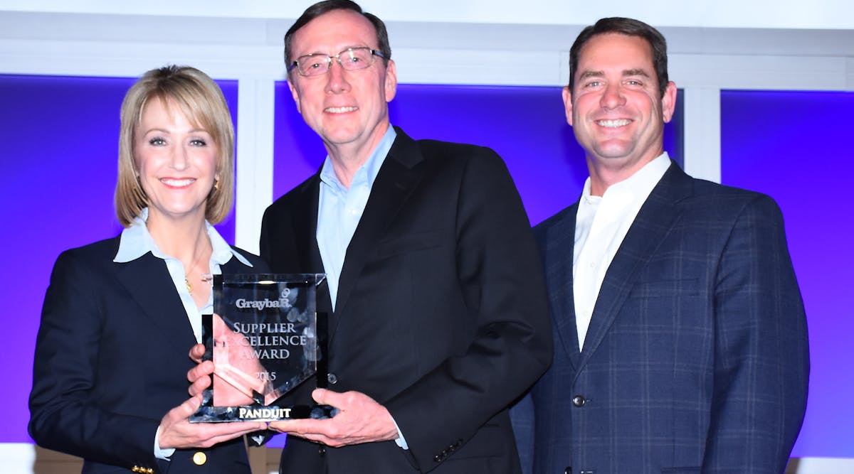 PHOTO: from left: Katheen M. Mazzarella, Graybar chairman, president and CEO, Tom Donovan, Panduit president and chief operating officer and Bill Mansfield, Graybar senior vice president, sales and marketing.