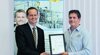 Congratulations: In Sydney, Australia Electrical engineer Rod Burton (right) from Machinery Automation &amp; Robotics, receives the 1000th accreditation of CMSE - Certified Machinery Safety Expert after successfully passing the end-of-course exam. Scott Moffat (left), Managing Director of Pilz Australia and New Zealand, presents the certificate.