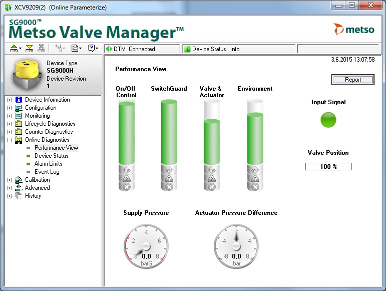 The &ldquo;Report&rdquo; button gives users a report on the valve assembly status with explanations of the status of each component and guidelines for actions.