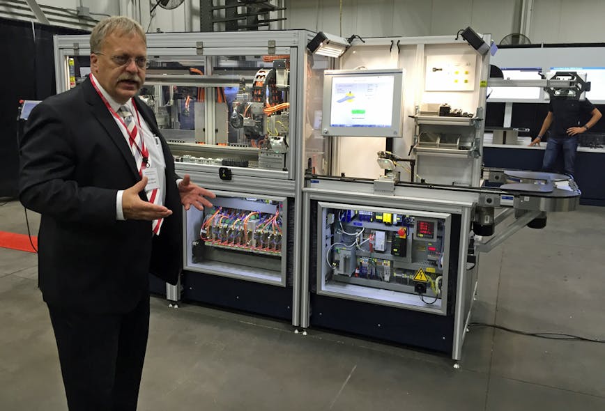 Scott Hibbard demonstrates the flexibility of a machine operating with Bosch Rexroth&rsquo;s motion logic control and Open Core Engineering. Each of the stations operates autonomously and communicates with other cells to make customized products.
