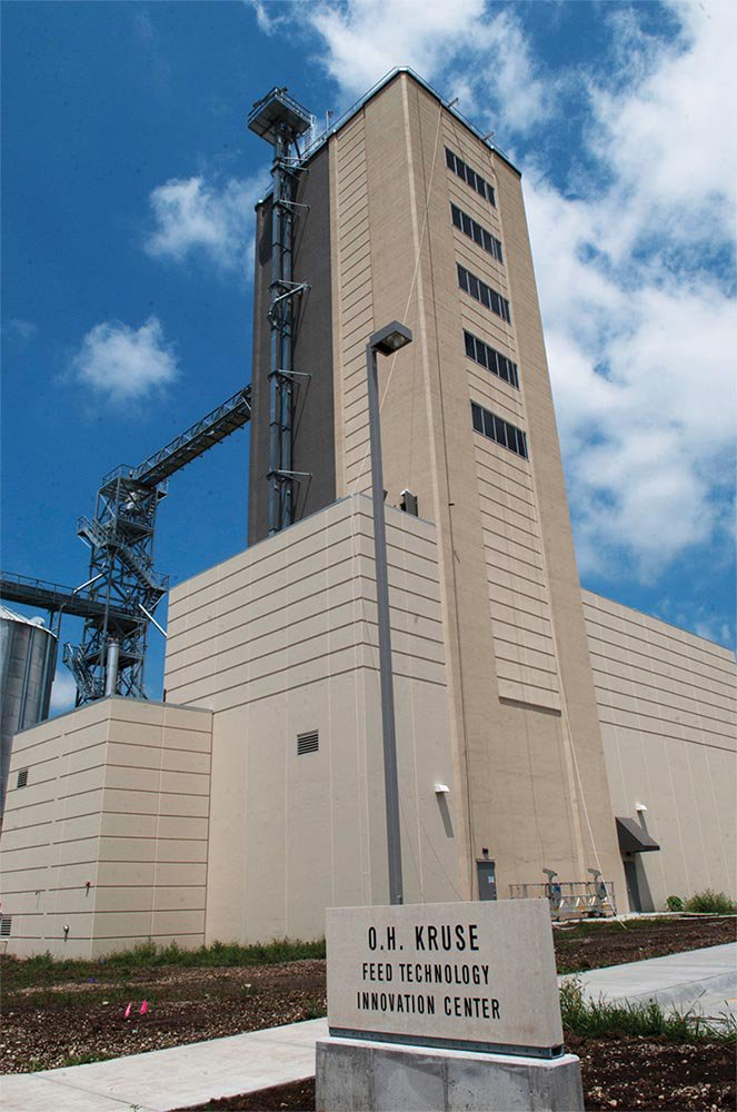 Towering over the Kansas State campus, the O.H. Kruse Feed Technology Center houses a production feed mill and safety research c