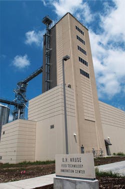 Towering over the Kansas State campus, the O.H. Kruse Feed Technology Center houses a production feed mill and safety research c Towering over the Kansas State campus, the O.H. Kruse Feed Technology Center houses a production feed mill and safety research c