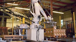 The five robotic palletizers at Pacific Foods&rsquo; facility are compact, easy to program, and flexible enough to adapt to changing packaging formats.