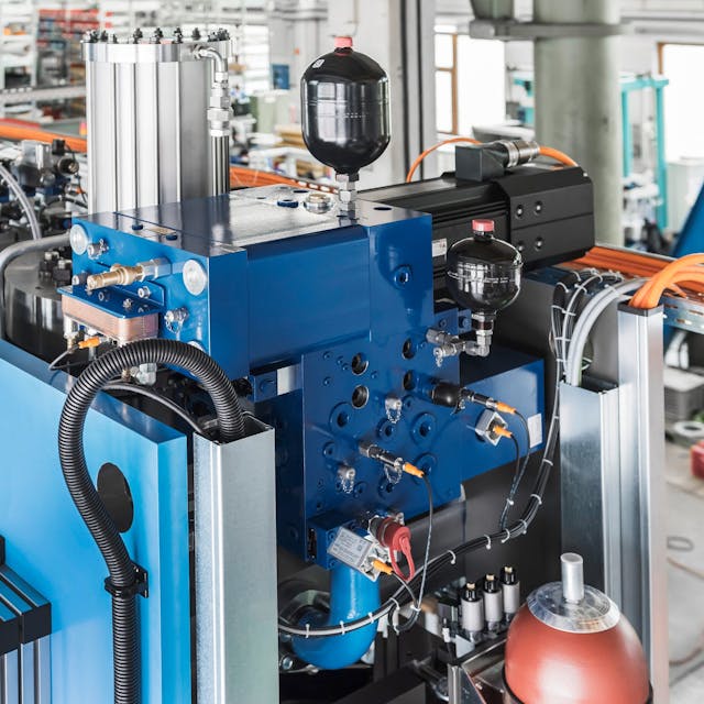 Ready-to-install servo-hydraulic axes have an integrated fluid loop and are driven by the same servo drives as the electromechanical versions. Source: Bosch Rexroth