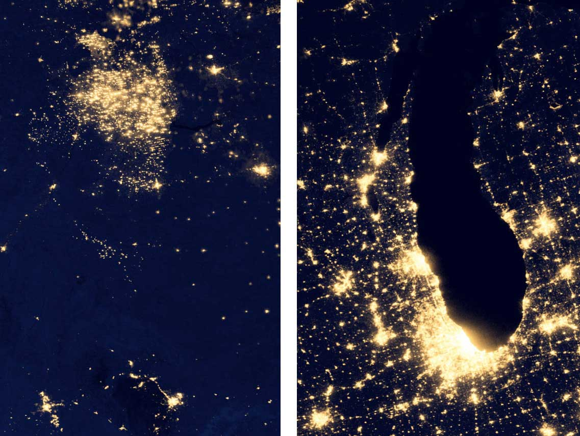 From space, gas flares in the Bakken formation in North Dakota (left) are almost as bright as the city lights of Chicago. Source