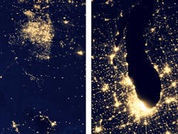 From space, gas flares in the Bakken formation in North Dakota (left) are almost as bright as the city lights of Chicago. Source From space, gas flares in the Bakken formation in North Dakota (left) are almost as bright as the city lights of Chicago. Source