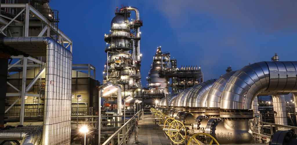 A view of the 12 Pipestill at sundown at BP's Whiting Refinery outside of Chicago.