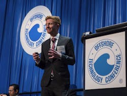 Rystad Energy&apos;s Lars Nicolaisen presents historical and current data at the Offshore Technology Conference to explain why oil prices must go back up. Source: OTC/Todd Buchanan 2016