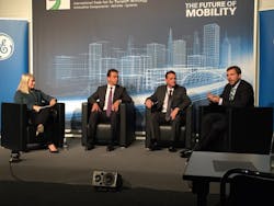 A panel discussion during GE&apos;s press conference at InnoTrans 2016 featured (l-r) GE&apos;s Jamie Miller, Intel&apos;s Val Stoyanov, Amsted Rail&apos;s John Felty and GE&apos;s Seth Bodnar.