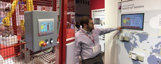 Beckhoff Automation&rsquo;s Shane Novacek demonstrates the data being pushed down from the cloud, gathered from a machine in Flexicell&rsquo;s booth elsewhere on the trade show floor.