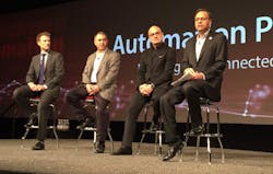 Rockwell Automation&apos;s Sujeet Chand (right) onstage during a panel discussion at Rockwell Automation&apos;s Automation Perspectives event with (from left) Jeff Reed of Cisco, Bo Rotoloni of Georgia Tech and Caglyan Arkan of Microsoft.