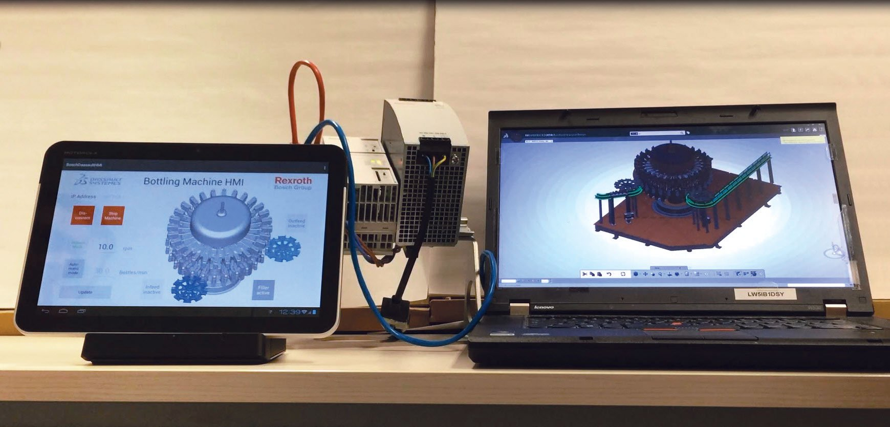 Shown here is a Bosch Rexroth controller connected to the HMI of a real machine on the left and also connected to a virtual mach
