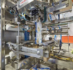 This continuous-motion vf/f/s machine relies on the 48x240 linear servo motor (shown) for the up and down movement of the zipper This continuous-motion vf/f/s machine relies on the 48x240 linear servo motor (shown) for the up and down movement of the zipper