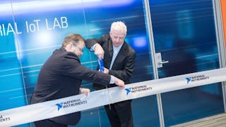 NI&rsquo;s Jamie Smith (left) and Alex Davern cut the ribbon on the company&rsquo;s Industrial IoT Lab.