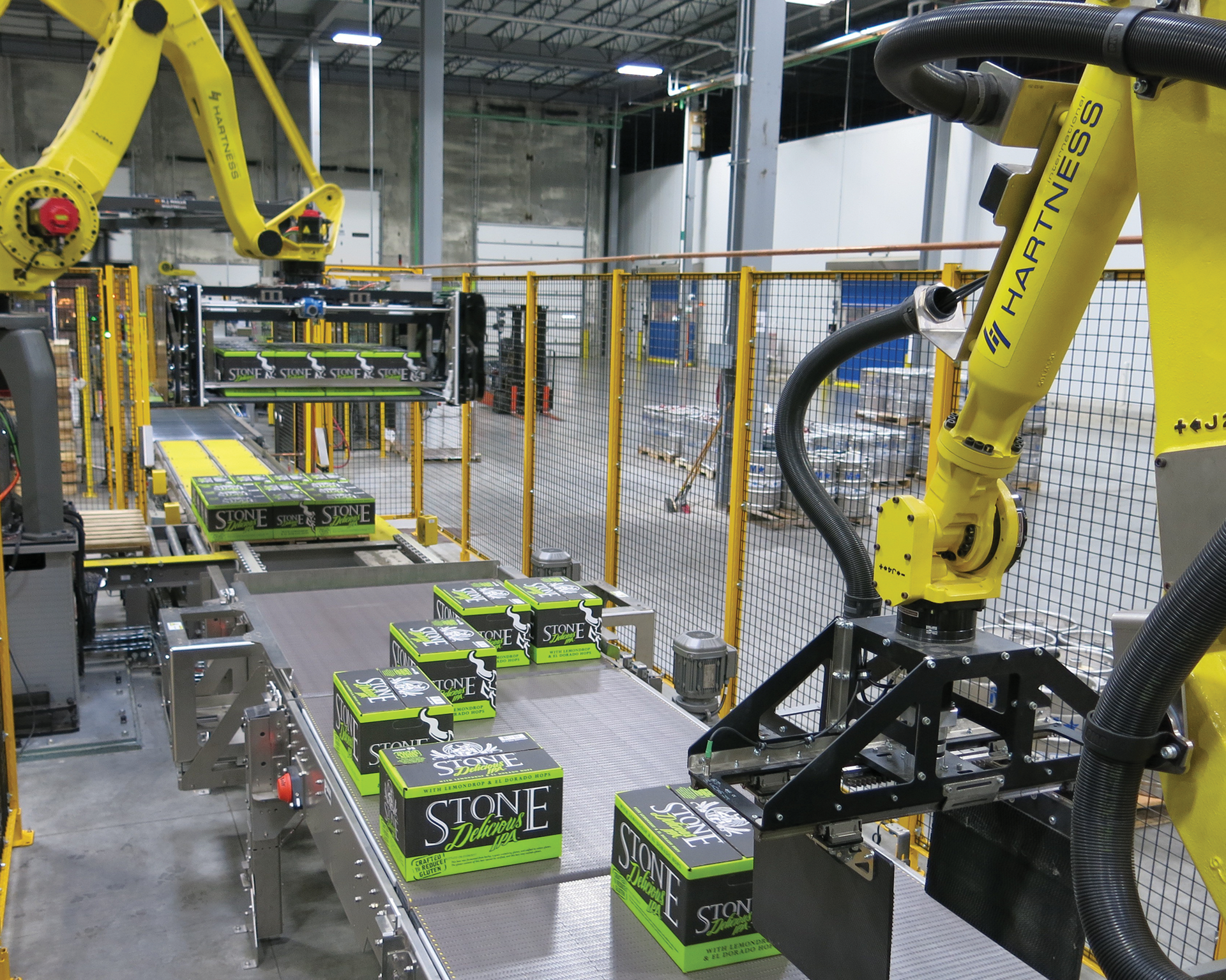 A robotic palletizer and stretch wrapper reside at the end of the line.