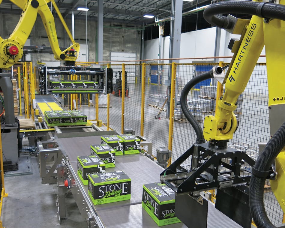 A robotic palletizer and stretch wrapper reside at the end of the line.