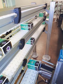 A series of pneumatic stops, escapements, and right-angle pushers ensure that cartons are released onto the trunk line at the ri A series of pneumatic stops, escapements, and right-angle pushers ensure that cartons are released onto the trunk line at the ri