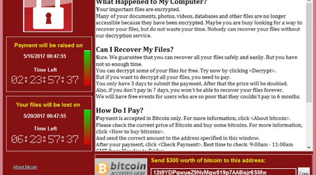 Screenshot of the ransom demanded by WannaCry.