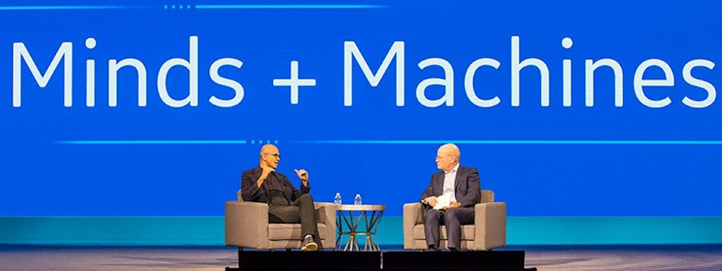 GECEO John Flannerry和微软CEO Satya Nadella在GEMinds+机器2017讨论提高Predix和Azure整合的努力