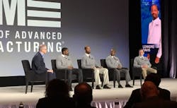 Joe Allie, business manager, global competency, for Rockwell Automation, moderates a panel discussion with four of the first graduates of the Academy of Advanced Manufacturing (from left to right): Chris Allison, Dre Davis, Travis Tolbert and Scott Bingham. Joe Allie, business manager, global competency, for Rockwell Automation, moderates a panel discussion with four of the first graduates of the Academy of Advanced Manufacturing (from left to right): Chris Allison, Dre Davis, Travis Tolbert and Scott Bingham.