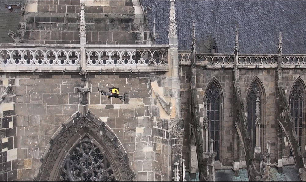 The Intel Falcon 8+ drone inspects the north portal of the Halberstadt Cathedral in Saxony-Anhalt, Germany.