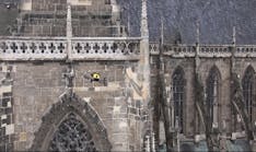 The Intel Falcon 8+ drone inspects the north portal of the Halberstadt Cathedral in Saxony-Anhalt, Germany.
