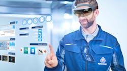A photo illustration shows how Microsoft HoloLens displays information for thyssenkrup employees. A photo illustration shows how Microsoft HoloLens displays information for thyssenkrup employees.