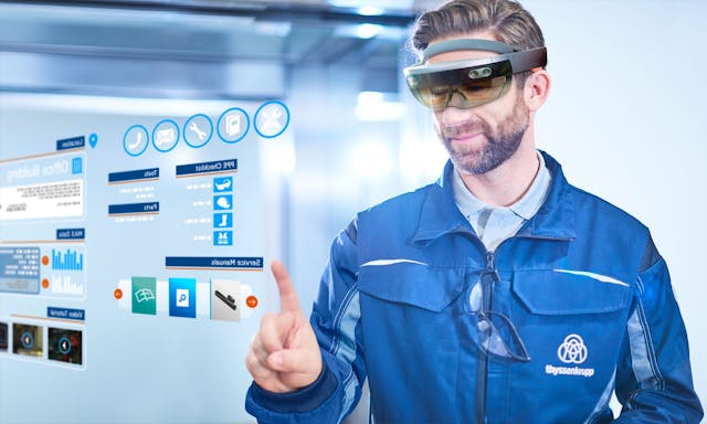 A photo illustration shows how Microsoft HoloLens displays information for thyssenkrup employees.