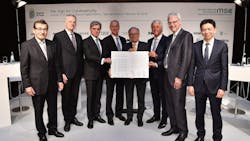 Signers of the Charter of Trust include (left to right) Manfred Bischoff, chairman of the supervisory board for Daimler; Christof Mascher, member of the board of management for Allianz; Joe Kaeser, president and CEO of Siemens; Tom Enders, CEO and executive director of Airbus; Wolfgang Ischinger, chairman of the Munich Security Conference; Rudy Stroh, executive vice president at NXP Semiconductors; Thomas Kremer, management board member for Deutsche Telekom; and Frankie Ng, CEO of SGS. Signers of the Charter of Trust include (left to right) Manfred Bischoff, chairman of the supervisory board for Daimler; Christof Mascher, member of the board of management for Allianz; Joe Kaeser, president and CEO of Siemens; Tom Enders, CEO and executive director of Airbus; Wolfgang Ischinger, chairman of the Munich Security Conference; Rudy Stroh, executive vice president at NXP Semiconductors; Thomas Kremer, management board member for Deutsche Telekom; and Frankie Ng, CEO of SGS.