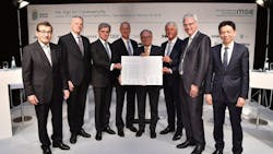 Signers of the Charter of Trust include (left to right) Manfred Bischoff, chairman of the supervisory board for Daimler; Christof Mascher, member of the board of management for Allianz; Joe Kaeser, president and CEO of Siemens; Tom Enders, CEO and executive director of Airbus; Wolfgang Ischinger, chairman of the Munich Security Conference; Rudy Stroh, executive vice president at NXP Semiconductors; Thomas Kremer, management board member for Deutsche Telekom; and Frankie Ng, CEO of SGS.
