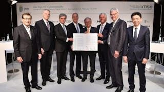 Signers of the Charter of Trust include (left to right) Manfred Bischoff, chairman of the supervisory board for Daimler; Christof Mascher, member of the board of management for Allianz; Joe Kaeser, president and CEO of Siemens; Tom Enders, CEO and executive director of Airbus; Wolfgang Ischinger, chairman of the Munich Security Conference; Rudy Stroh, executive vice president at NXP Semiconductors; Thomas Kremer, management board member for Deutsche Telekom; and Frankie Ng, CEO of SGS.