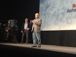 Blake Moret (left) and Jim Heppelmann onstage at Rockwell Automation TechED 2018 in San Diego.