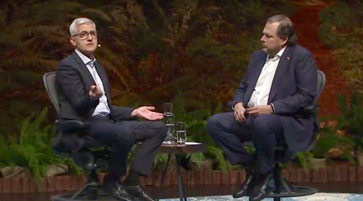 Spieshoffer (left) and Benioff at Dreamforce 2018.