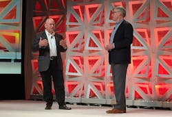 PTC’s Jim Heppelmann (left) and Rockwell Automation’s Blake Moret discuss their companies' new partnership. PTC’s Jim Heppelmann (left) and Rockwell Automation’s Blake Moret discuss their companies' new partnership.