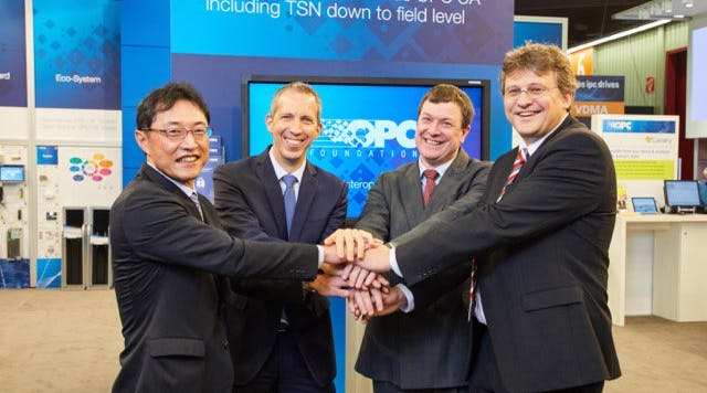 Promoting their cooperation around OPC UA at the field level are (l-r): Takayuki Tsuzuki, general manager, FA Systems Div., Mitsubishi Electric Corporation; Rainer Brehm, vice president of automation products and systems, Siemens; Paul Brooks, business development manager, IOT, Rockwell; Stefan Hoppe, president &amp; executive director, OPC Foundation.