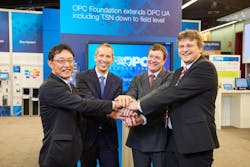 Promoting their cooperation around OPC UA at the field level are (l-r): Takayuki Tsuzuki, general manager, FA Systems Div., Mitsubishi Electric Corporation; Rainer Brehm, vice president of automation products and systems, Siemens; Paul Brooks, business development manager, IOT, Rockwell; Stefan Hoppe, president &amp; executive director, OPC Foundation.