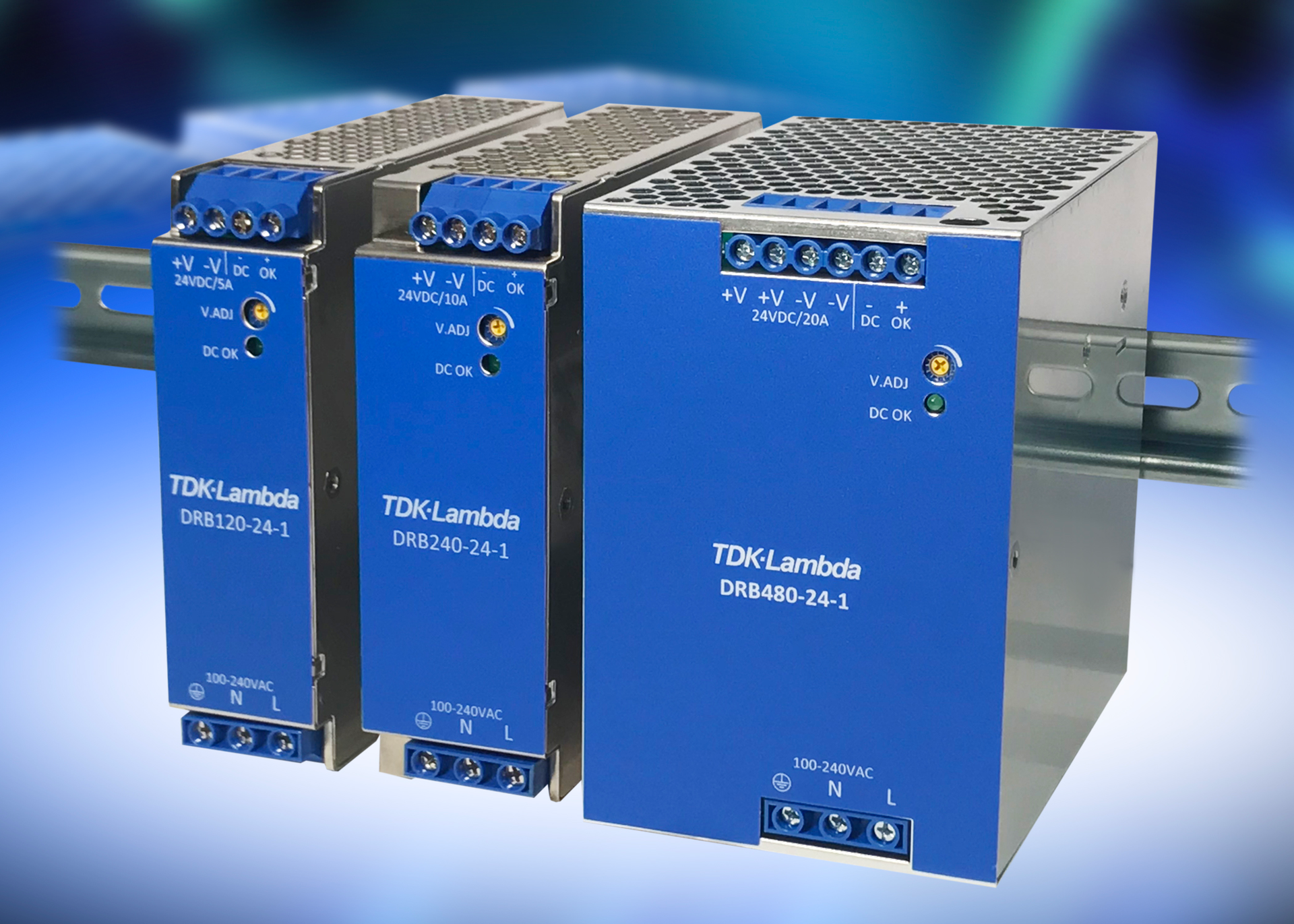 TDK has added 120 W and 240 W rated models to the DRB series of AC-DC DIN rail mount power supplies.