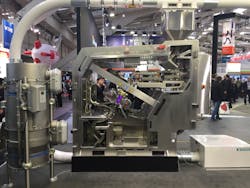 Buhler&apos;s Tubo Laato machine on display at Hannover Messe 2019. The machine hits grains with low electron beams to kill bacteria without affecting the grain.