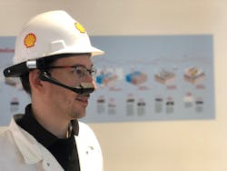 Michael Kaldenbach, Shell&rsquo;s digital realities lead, demonstrates a head-mounted HMT-1Z1 device.